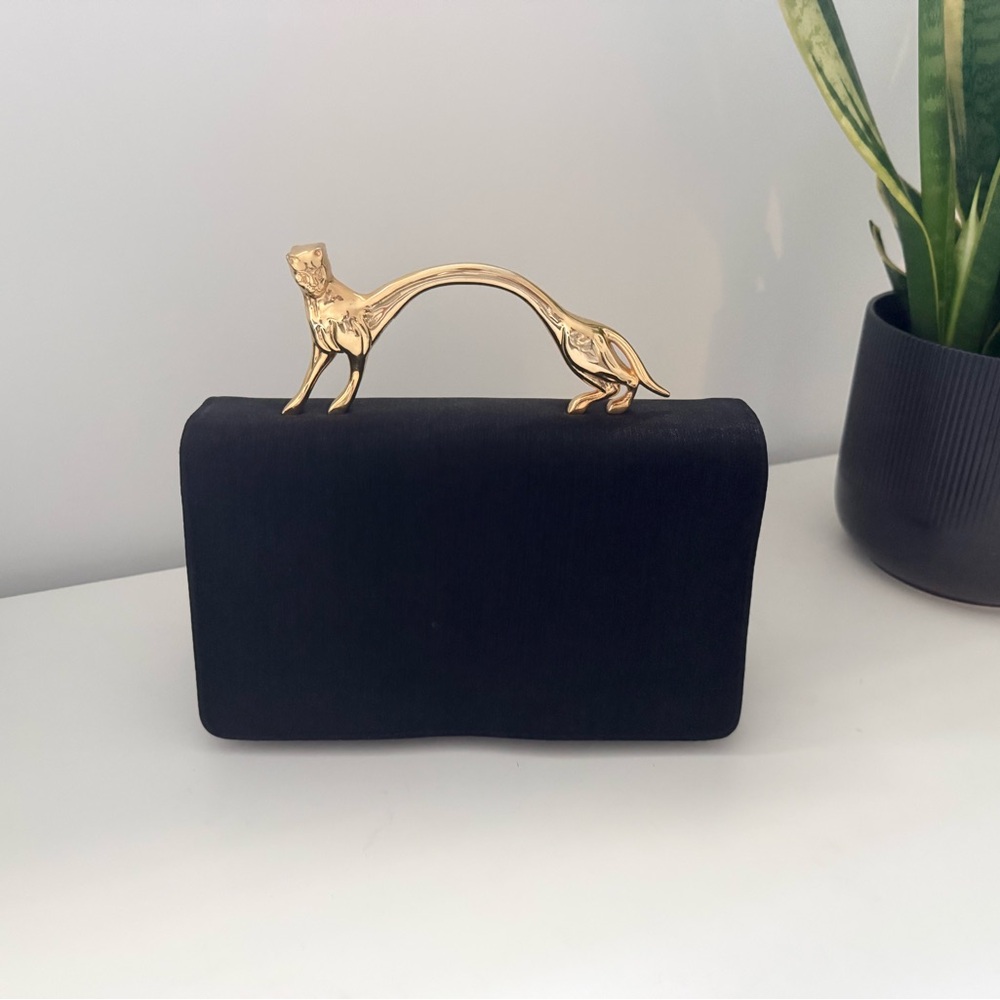 Chic Black Clutch w/ Gold Panther Handle | Evening Bag w/ Crossbody Strap